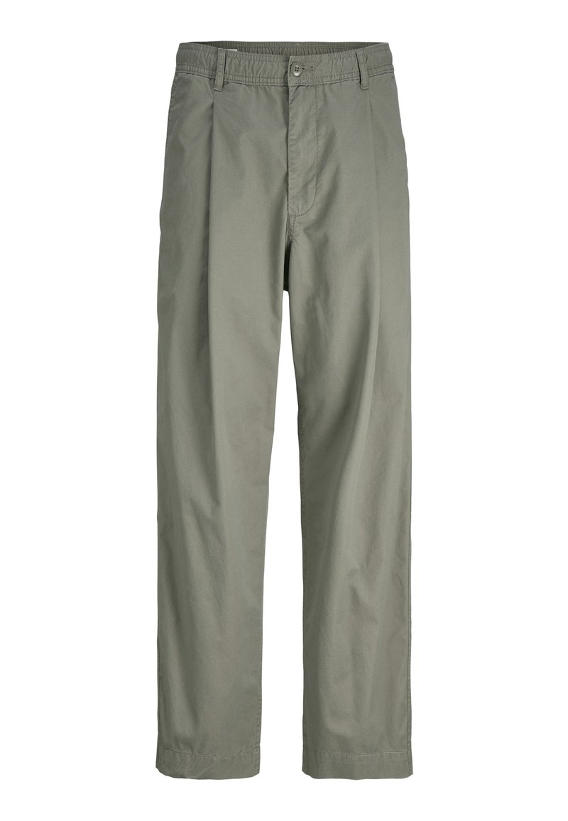 Light olive green trousers with a straight leg and elastic waistband, featuring front pleats and a button closure.