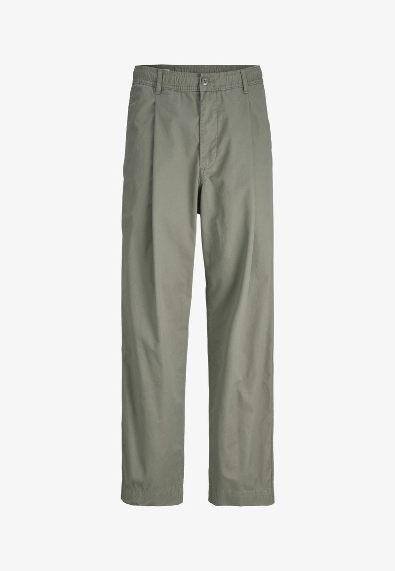 Light olive green trousers with a straight leg and elastic waistband, featuring front pleats and a button closure.