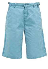 Shorts bleu clair longueur genou avec passants de ceinture, fermeture par bouton et poches latérales, fabriqués en tissu doux.
