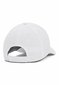 White baseball cap with a curved brim, made of smooth fabric. Adjustable strap at the back; grey lining visible inside.
