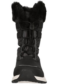 Botte d'hiver noire avec doublure en fourrure, devant élastique à lacets et tige en tissu à motifs, conçue pour temps froid.