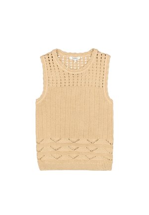 Haut sans manches en maille beige présentant un motif texturé, des sections en maille ouverte et un ourlet décoratif avec un design en zigzag.