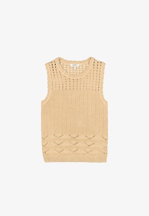 Beiges gestricktes ärmelloses Oberteil mit strukturiertem Muster, offenen Strickabschnitten und einem dekorativen Saum mit Zickzack-Design.