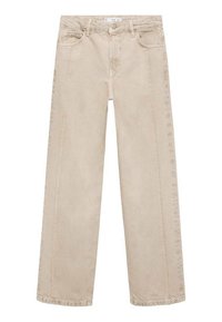 Jeans de mezclilla beige de pierna ancha, con una cintura alta, cinco bolsillos y costuras visibles a lo largo de las costuras. Diseño clásico sin patrones.