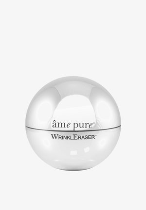 Sølvglanset sfærisk beholder merket "âme pure WrinkleEraser." Designet er glatt med en minimalistisk estetikk.
