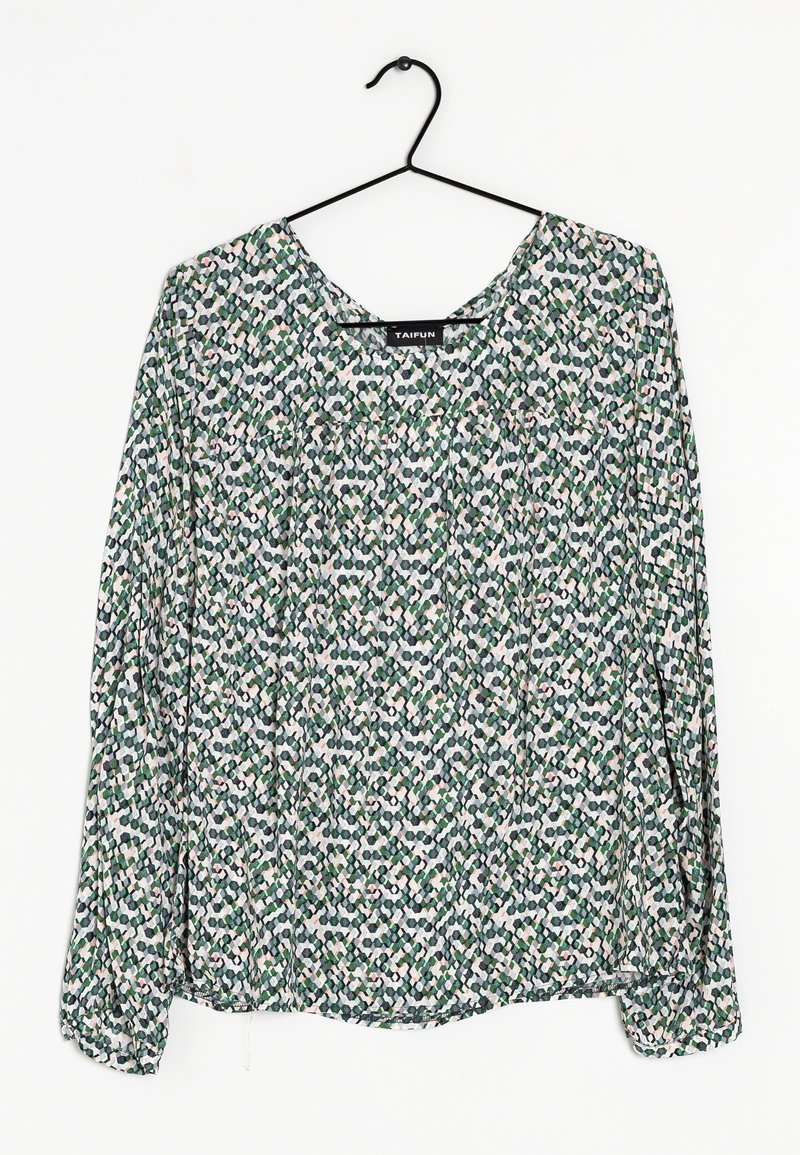 Blouse à manches longues avec un col rond, fabriquée en tissu léger avec un motif géométrique multicolore dans des tons de vert, rose et gris.