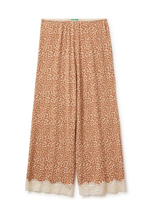 Pantalon à jambes larges avec imprimé léopard marron et beige, orné d'une bordure en dentelle crème à l'ourlet, doté d'une taille élastique.
