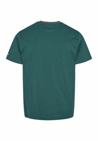 Turkusowa koszulka z krótkim rękawem wykonana z bawełny, z okrągłym dekoltem wykończonym czarnym i białym paskiem oraz małym detalem logo na rękawie.