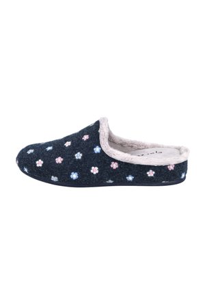 Pantuflas de felpa de color azul marino con un patrón floral en rosa y azul. Forro de suave piel sintética, diseño de atrás abierto y suela sólida negra.