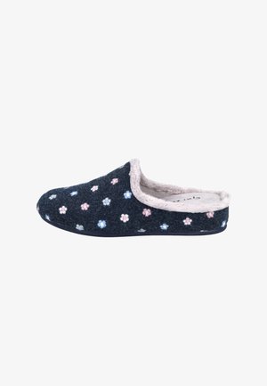 Pantuflas de felpa de color azul marino con un patrón floral en rosa y azul. Forro de suave piel sintética, diseño de atrás abierto y suela sólida negra.