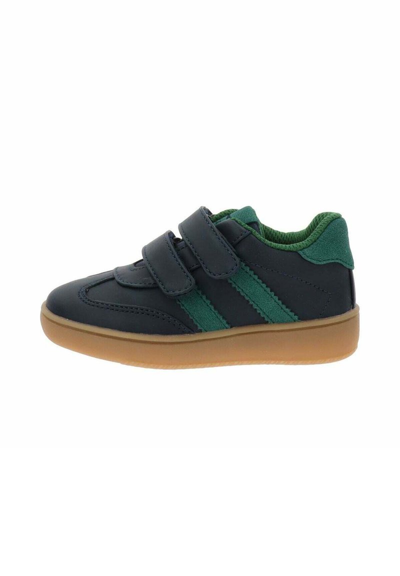 Sneakers con una toma in sintetico blu navy, dettagli in suede verde e due fasce in Velcro. Design curvo con suola in gomma per una migliore aderenza.