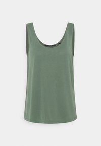 Débardeur sans manches vert avec une encolure dégagée, fabriqué en un mélange de coton doux, présente une coupe décontractée et une texture lisse.