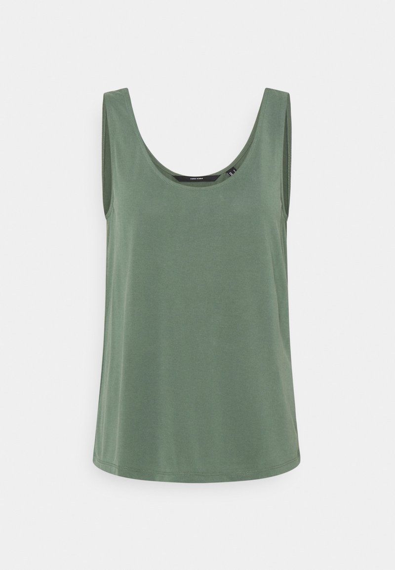 Débardeur sans manches vert avec une encolure dégagée, fabriqué en un mélange de coton doux, présente une coupe décontractée et une texture lisse.