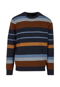 Maglione da uomo con collo a girocollo caratterizzato da righe orizzontali nei colori blu navy, marrone, azzurro e giallo. Tessitura a maglia con polsini e orlo a coste.