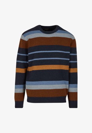 Vyriškas apvalaus kaklo megztinis su horizontaliomis juostelėmis: tamsiai mėlyna, ruda, šviesiai mėlyna ir geltona. Megztas paviršius su aplikacija rankogaliuose ir apačioje.