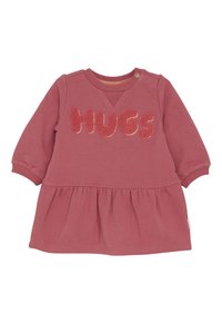 Langärmliges, staubrosa Kleid für Kleinkinder mit gerafftem Rock und strukturiertem "HUGS"-Schriftzug auf der Brust.
