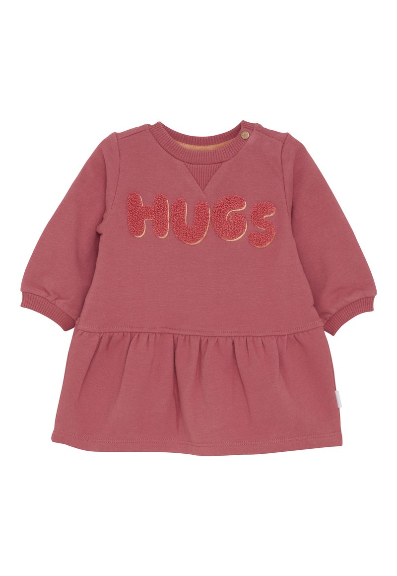 Langärmliges, staubrosa Kleid für Kleinkinder mit gerafftem Rock und strukturiertem "HUGS"-Schriftzug auf der Brust.