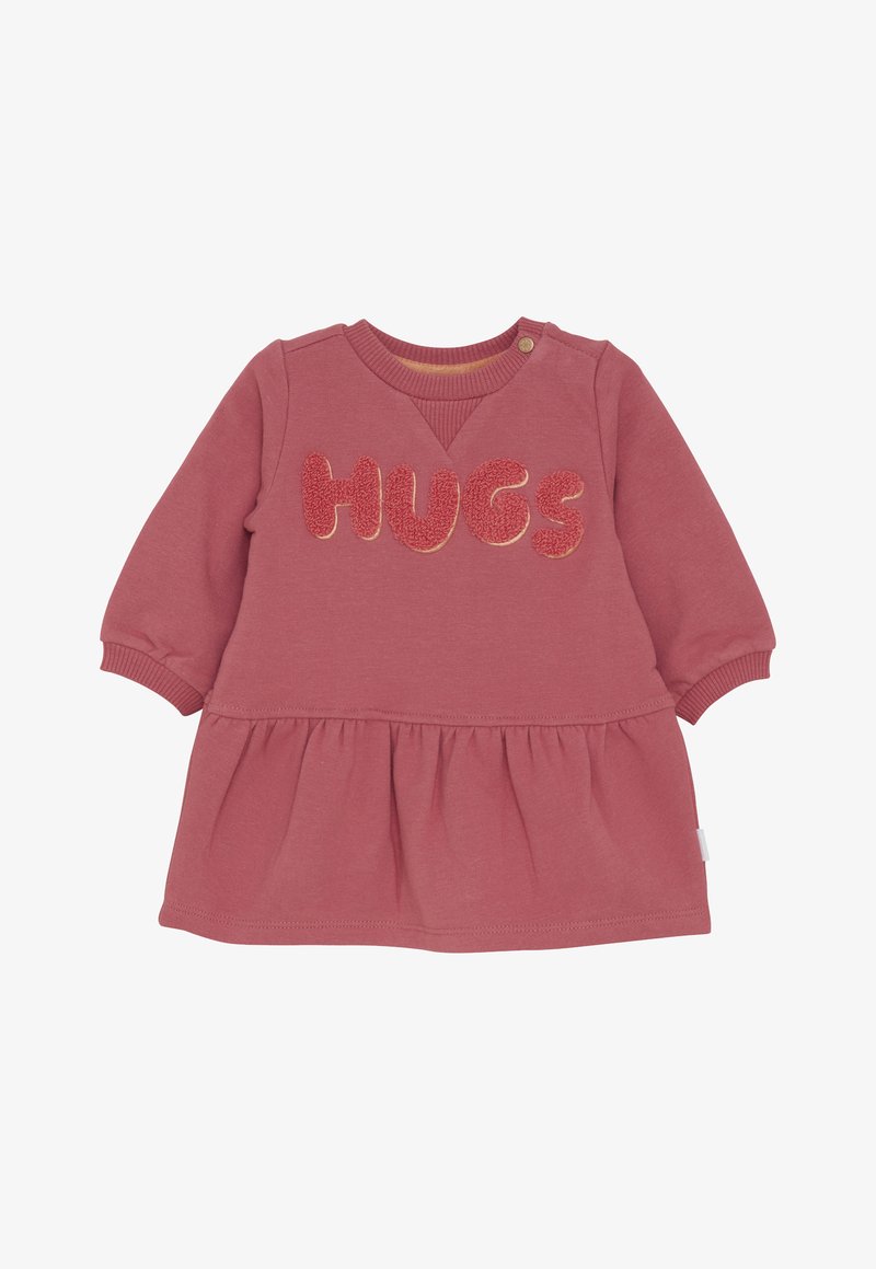 Langärmliges, staubrosa Kleid für Kleinkinder mit gerafftem Rock und strukturiertem "HUGS"-Schriftzug auf der Brust.