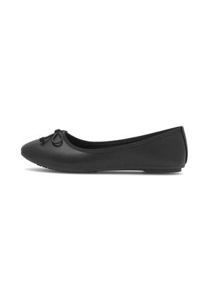 Black ballet flat with rounded toe, small bow detail on front, low heel, and textured sole, shown in side profile on white background.