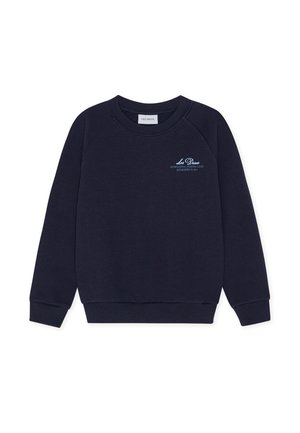 Tmavě modrá mikina s kulatým výstřihem a raglánovými rukávy. Má malou vyšívanou značku na hrudi a žebrované manžety a lem.