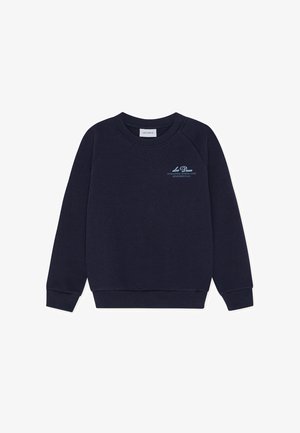 Sweat-shirt bleu marine avec un col rond et des manches raglan. Il présente un petit logo brodé sur la poitrine ainsi que des poignets et un ourlet côtelés.