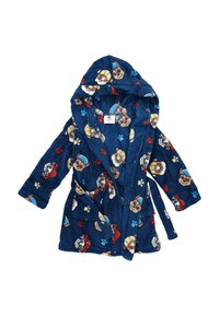 Accappatoio in pile blu con cani cartoni animati, maniche lunghe, cappuccio, cintura in vita e dettagli a forma di impronta di zampa in rosso, giallo e blu.