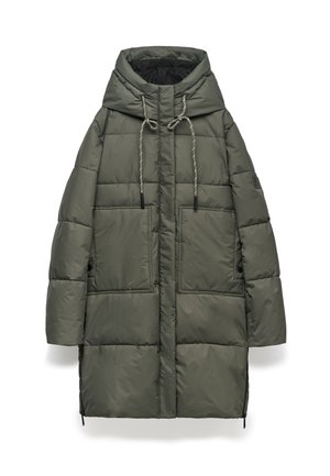 Padded Jacke in Dunkelgrün mit Kapuze, ausgestattet mit Kordelzugverschlüssen, zwei großen Fronttaschen und einem entspannten, knielangen Design.