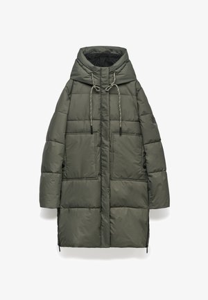 Padded Jacke in Dunkelgrün mit Kapuze, ausgestattet mit Kordelzugverschlüssen, zwei großen Fronttaschen und einem entspannten, knielangen Design.