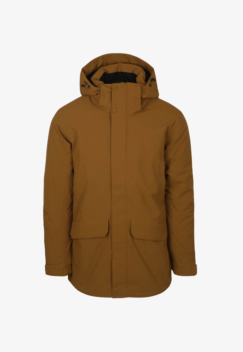 Bruine winterjas met capuchon, voorzien van voorzakken met kleppen, drukknoopsluitingen en verstelbare koorden voor de capuchon, ontworpen voor koud weer.