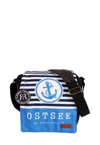 Messenger bag featuring blue and white striped fabric with an anchor graphic, a black strap, and a brown leather tag.