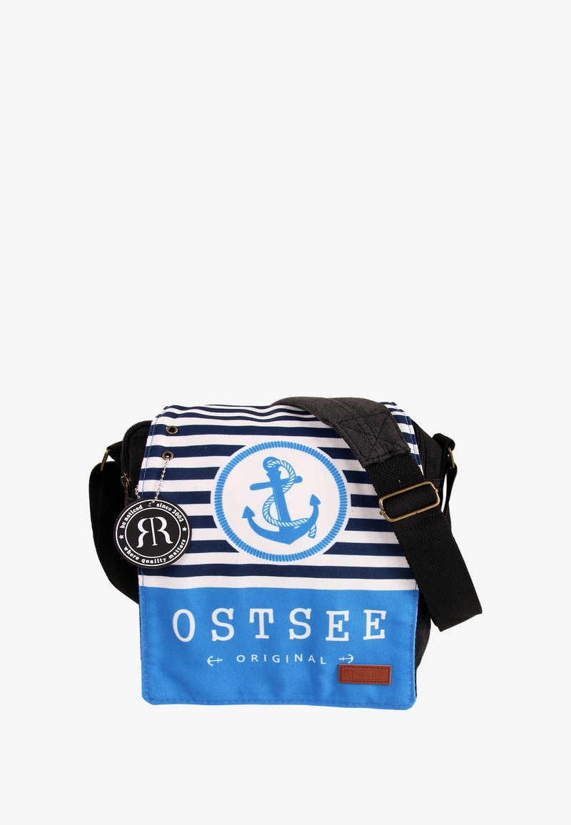 Messenger bag featuring blue and white striped fabric with an anchor graphic, a black strap, and a brown leather tag.