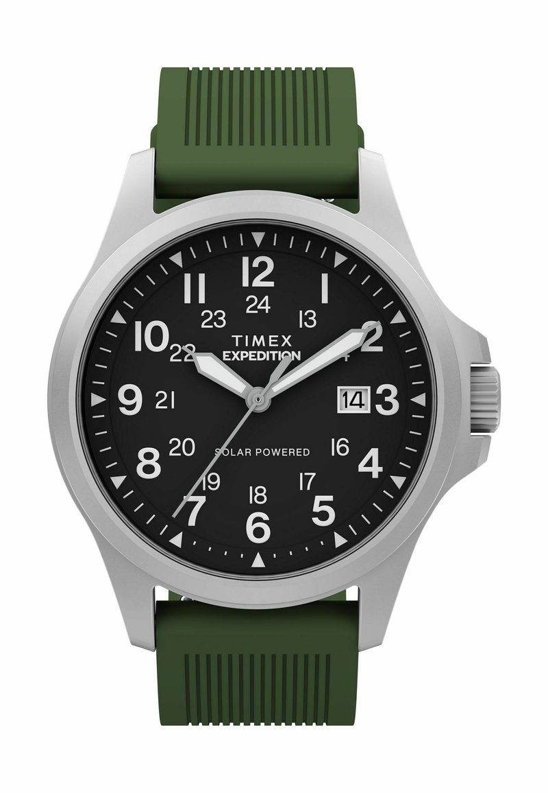 Zegarek Timex Expedition z czarną tarczą, białymi cyframi, wyświetlaczem daty na trzeciej godzinie, srebrną kopertą i zielonym silikonowym paskiem o fakturze.