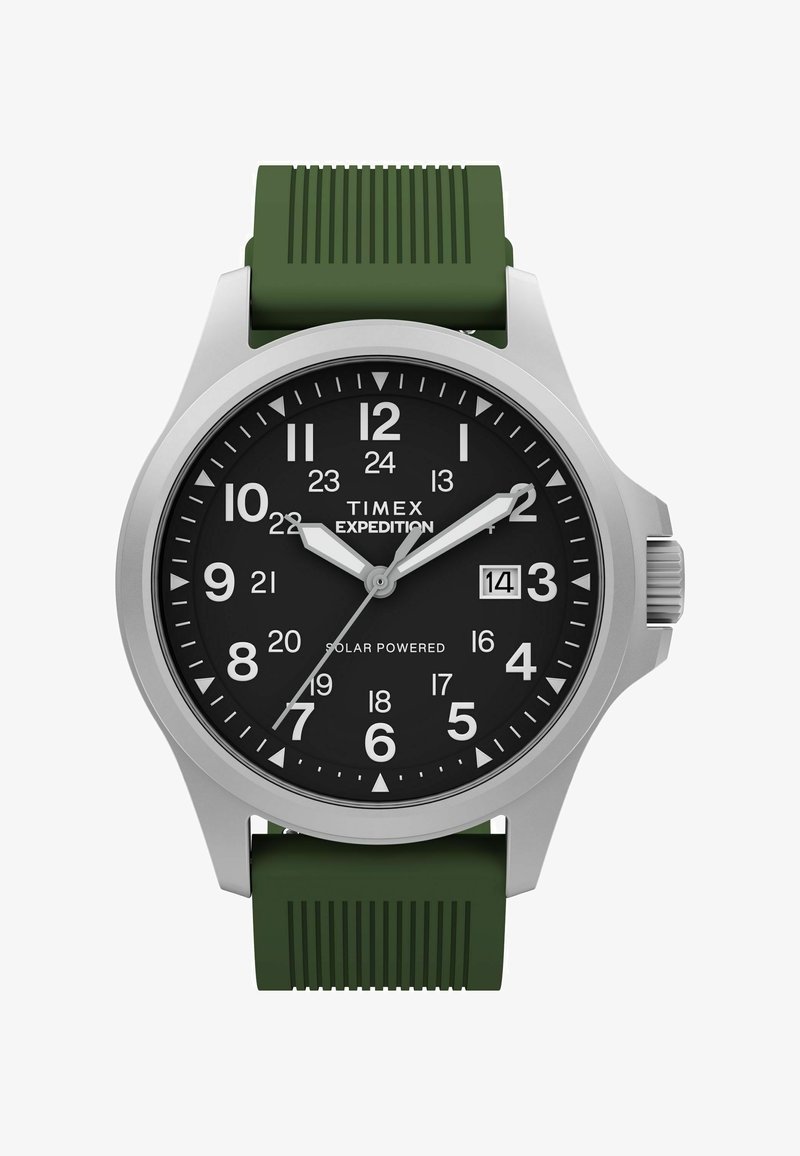 Timex Expedition kell musta dials, valged numbrid, kuupäeva näidik kell 3, hõbedane korpus ja roheline tekstureeritud silikoonrand.