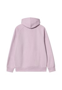 Sudadera lila con un diseño sencillo, que presenta una capucha redondeada y puños acanalados. La tela parece suave y lisa, sin patrones visibles.