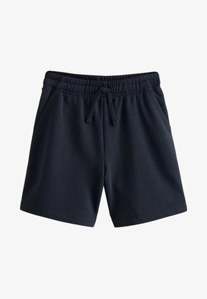 Navy blue cotton shorts with an elastic waistband, drawstring, and side pockets. Smooth texture with a simple, solid design.