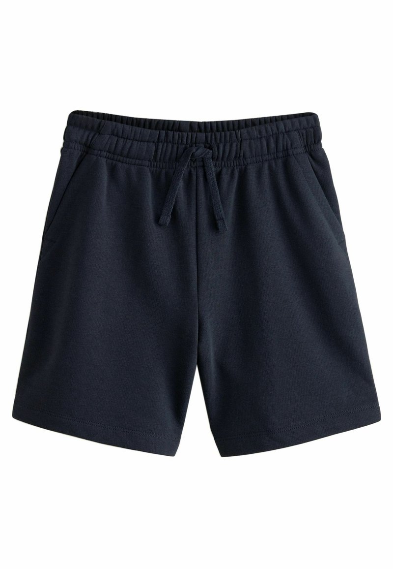 Marineblå bomuldsshorts med elastisk talje, snøre og sidelommer. Glat tekstur med et enkelt, ensfarvet design.