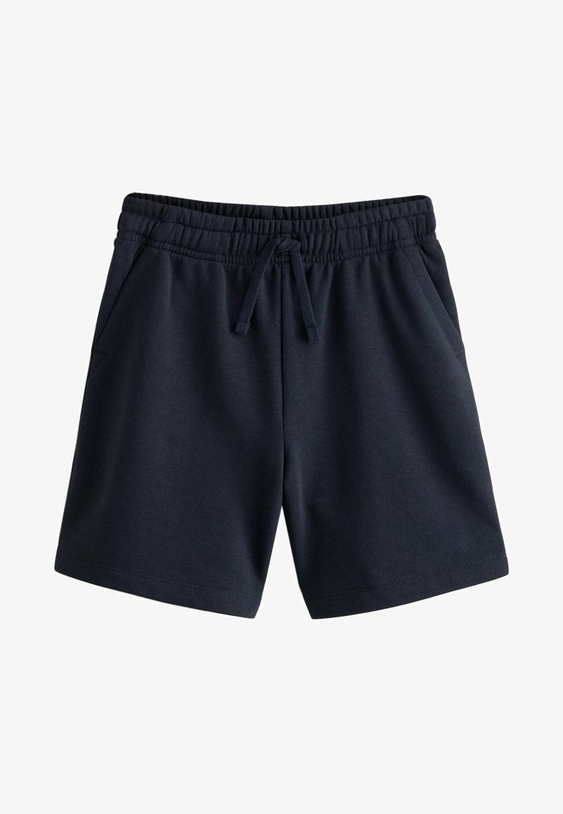 Marineblauwe katoenen shorts met een elastische tailleband, trekkoord en zijzakken. Gladde textuur met een eenvoudig, effen ontwerp.