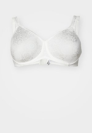 White lace bra with floral pattern, smooth texture, underwire support, adjustable straps, and a hook-and-eye closure at the back.