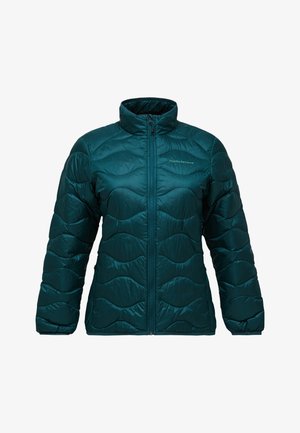 Turquoise gewatteerd jack met opstaande kraag, ritssluiting aan de voorkant, golvend stikselpatroon en een klein logo op de linkerborst.