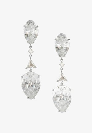 Birnenförmige, klare Edelsteinhänger aus Silbermetall, mit mehreren facettierten Kristallen und dreieckigen Akzenten.