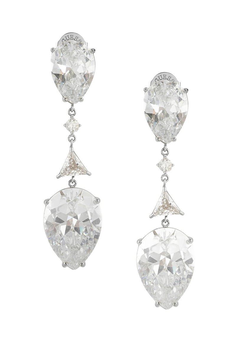 Orecchini a goccia a forma di pera in pietra preziosa trasparente, montati su metallo di colore argento, con cristalli sfaccettati multipli e accenti triangolari.