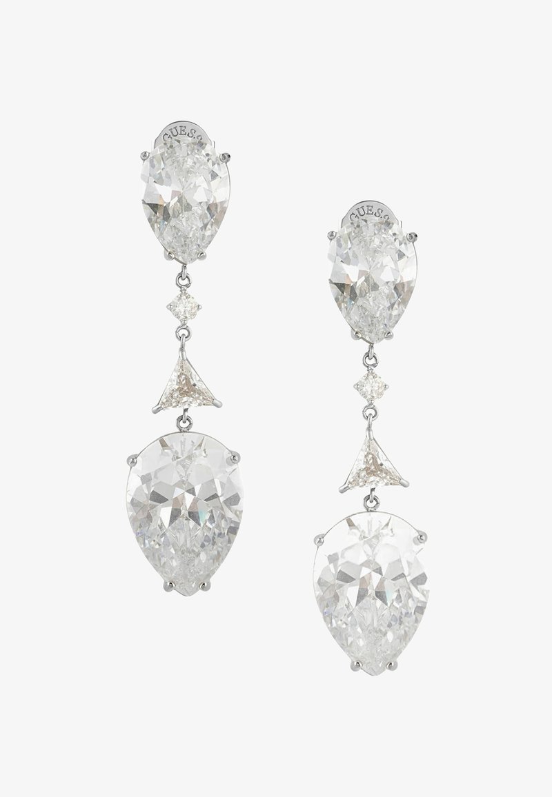 Orecchini a goccia a forma di pera in pietra preziosa trasparente, montati su metallo di colore argento, con cristalli sfaccettati multipli e accenti triangolari.