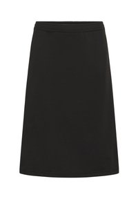 Jupe noire en A fabriquée en tissu lisse et extensible, dotée d'une taille élastique et d'un ourlet au niveau du genou, sans motifs ni accents visibles.