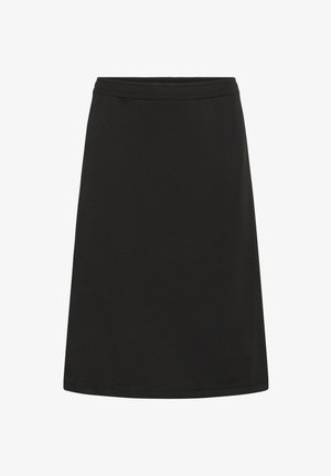 Must mustriba mustriba, mis on valmistatud siledast ja venivast kangast, elastse talje ja põlvekohal oleva äärega, ilma nähtavate mustrite või aktsentideta.