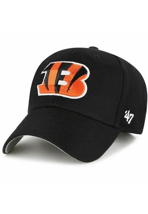Black baseball cap with embroidered orange and black Cincinnati Bengals logo. Features a curved brim and adjustable strap.