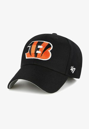 Black baseball cap with embroidered orange and black Cincinnati Bengals logo. Features a curved brim and adjustable strap.