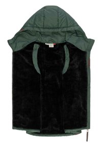 Dunkelgrüne Pufferjacke mit Kapuze, ausgestattet mit einem weichen schwarzen Innenfutter und einem seitlichen Reißverschluss. Der Außenstoff hat ein gestepptes Design.