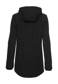 Black, hooded jacket with a cinched waist, long sleeves, and elastic cuffs. Smooth fabric and simple design with no visible hardware.