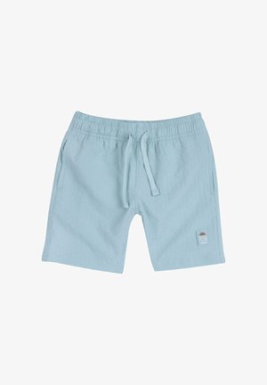 Shorts bleu clair en tissu texturé. Dotés d'une taille élastique avec cordon de serrage et d'un petit patch logo sur le côté.