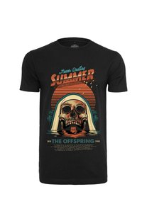 Sort bomulds T-shirt med et grafisk motiv af et skelet iført en hvid hætte foran en solnedgang, med teksten "Aldrig Sluttende SOMMER" og "THE OFFSPRING TOUR".